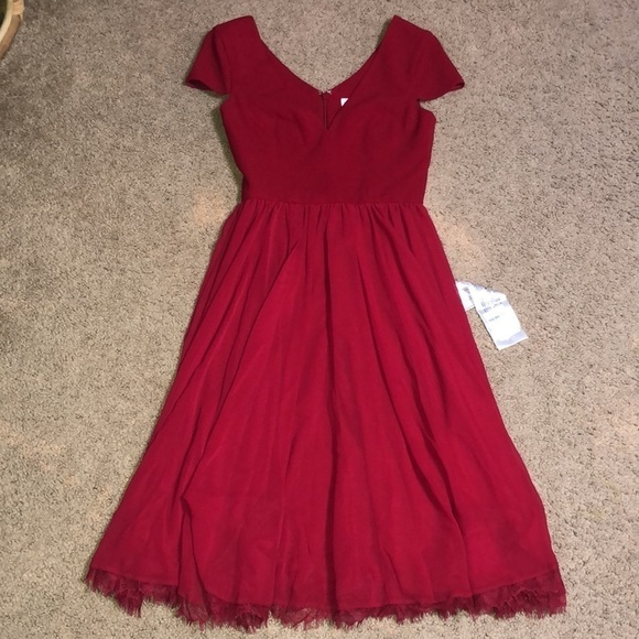 Dress The Population Corey Cap Sleeve V-Neck Chiffon Lace Dress Garnet XXS - Picture 5 of 13